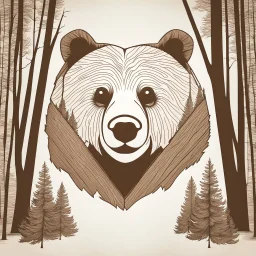 M shaped bear head combined with woods silhouette in backround, letterpress style, minimalistic pencil art