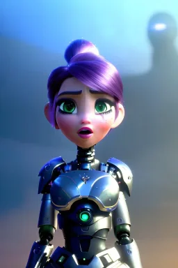 a beautiful full frame portrait digital painting of a futuristic animepunk robot listening to music, wide angle view, close-up, macro lens, centered camera, titanium accents, intricate details, small minutiae, tiny features, purple hair, green eyes. particulars, colorful, 8k, least ambient occlusion, volumetric lighting, volumetric clouds