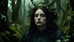 cinematic still, filmed by Guillermo del Toro, Amidst a deep dark forest, an enigmatic being appears--an amalgamation of flora and fauna, with vines for hair, eyes gleaming like embers, and skin adorned with iridescent scales