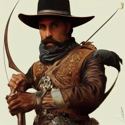 portrait,"Insanely detailed photograph of a male western mustachioed crossbowman", charo detailed, sequenced Sombrero, detailed held dagger, digital painting, artstation, concept art, smooth, sharp focus, illustration, art by artgerm and greg rutkowski and alphonse mucha, 8 k,fantasy, unreal engine