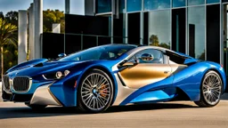 A sleek (((a fusion of buagtti and bmw))), its glossy shell reflecting the (((bright sun))), cutting through a (((clear bright blue morning sky)))