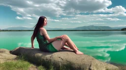 woman sitting on a rock, in a lake, green mottled skin, green hair, blue sky, white clouds