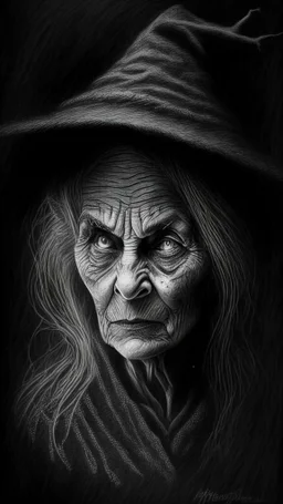 pencil drawing of old witch, Spooky, scary, halloween, realistic, black paper