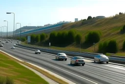 blank billboard, on a Spanish highway, numerous cars driving on the road, front view, real photography, 16K