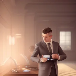 a business man talking to his boss about a certain matter , dramatic, dramatic lighting, volumetric lighting, hyperrealism, 8k, high quality, photorealistic, lot of details