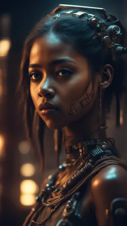 Shi Fi, a beautiful brown girl ,atmospheric lighting effects, intricate industrial details, moody atmosphere, eerie grimdark ambiance, complex motherboard accents, speculative fiction art. Bokeh