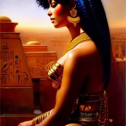 Drawing of beautiful face,busty 'cleopatra',throne,hieroglyphics,balanciaga fashion clothe painting by gaston bussiere, greg rutkowski, yoji shinkawa, yoshitaka amano, tsutomu nihei, donato giancola, tim hildebrandt, oil on canvas, cinematic composition, extreme detail,fit full head inside picture,16k