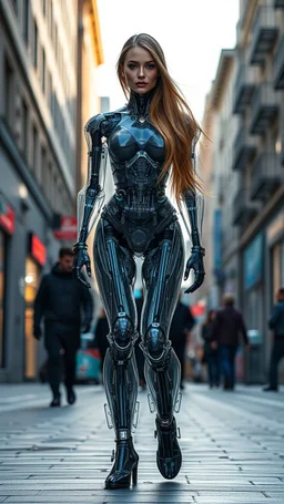 a photoshoot view fullbody all to feet beautifull Russian Supermodel long hair having humanoid body cyborg transparent visible glass shiny explore inside details machines mechanical parts,walking city street