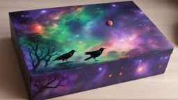 a box 10 cm long by 5 cm wide and 25 cm high, drawn on a box on all sides, space, tress, planets, crow galaxies a lot of colours purple, green and red, very realistic