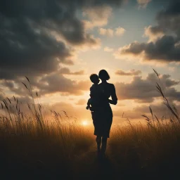 Hyper Realistic Silhouette of a mother carrying her child at cloudy sunset in a field with tall grass showing cinematic & dramatic ambiance