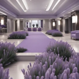 Concept of lavender flower in a hotel hall, modern style, lavender colors