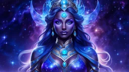 Full body portrait of a peaceful smiling guardian Goddess of the galaxies with a blue indigo purple skin, high skul, luminous eyes