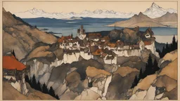 [poster by Egon Schiele] an heroic fantasy landscape from dungeon world