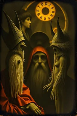 Daguerrotype close up some mysterious figures, odd background, Hieronymus Bosch Max Ernst ambient light, by Minicavio Quollati and Marlost Endgulp, Amano, Botticelli, Alphonse Mucha