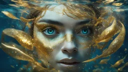 woman underwater, beautiful eyes, dancing underwater, gold, scales, double exposure, highlights, sparkles, clear lines, detail, fine rendering, high resolution, 64K, photorealism, precise focus, digital painting,