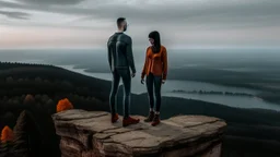 Only one guy and a girl are standing on the edge of a cliff and holding hands