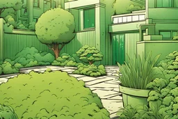 comic style, a green garden, close-up, outside