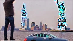 A Tesla's 'Model S Plaid' is performing donuts, under the Statue of Liberty, in New York city. CINEMATIC. WIDE ANGLE LENS.