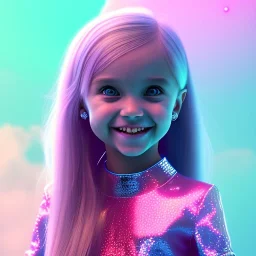 A portrait of a crystalised little girl,smiling, longs hairs, atmospheric, realistic,, cinematic lighting, octane render,, pink turquoise light