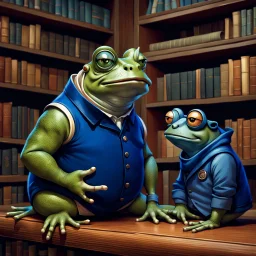 close a big and fat anthropomorphic frog hybrid in human clothes big head frog eyes talking with a strong anthropomorphic rhinoceros no horn, without horns in blue simple guard clothes, they talking and leaning on a wooden banister, in background a bibliothek with tall book shelves, detailed sci-fi, dark fantasy mood