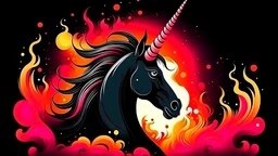 pink and black unicorn in fire rainbow background