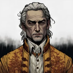 regis, yellow-orange embroidered medieval noble tunic, pale skin, graying hair, clean shaved, bloodshot eyes, rednose, vampire like hidden features