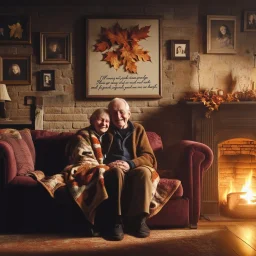 a warm, cozy living room bathed in soft, golden light, two elderly figures sit side by side on a plush, burgundy sofa, wrapped in a quilt patterned with autumn leaves, sharing a tender embrace and smiling serenely. A crackling fireplace casts flickering shadows across the walls adorned with family photos and framed memories. Above the mantelpiece hangs a wooden plaque with the text "I'll miss you, kiss you, give you my coat when you are cold, need you, feed you," written in elegant cursive. The