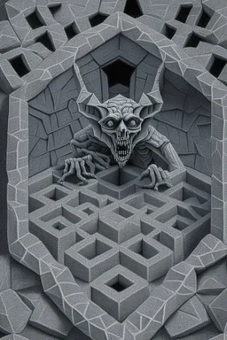 hexagon stone labyrinth featuring gargoyle skeleton in the style of escher, 8k, trending art