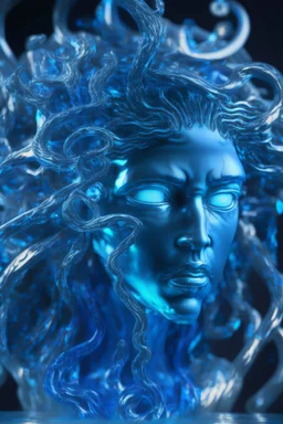 transparent gemstone Medusa, in blue fire chrome casino, high detail, 8k, cinematic, depth of field, art