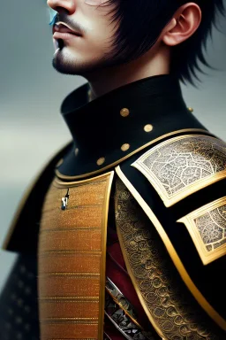 Detailed young samurai man, black hair, black leather armor, intricate details, full body portrait, keep head in frame, black Japanese motif, concept art, highly detailed, digital painting, concept art, sharp focus, illustration, HDR, octane render