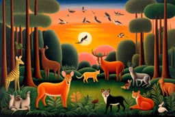 A forest glade with animals at sunset by artist "Henri Rousseau",by artist "Tarsila do Amaral"