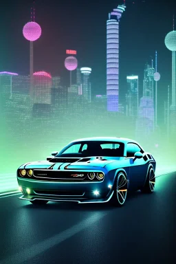 schönes foto von einem chromlackierten dodge challenger in heckansicht der auf einem highway richtung horizont fährt,miami vice, miami, neon ligths,chrome, synthwave, retro, high detailed,unreal engine, octane render, photo realistic, viele palmen,