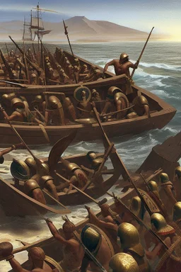 [egypt, end of Bronze Age, Philistines] Philistines' warriors on Sea peoples' ship as described by Wachsmann, in To the Sea of the Philistines.