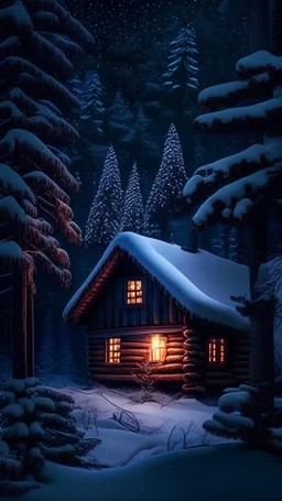 one winter log cabin in the woods pine forest trees snowy dark night christmas colored garlands outdoor