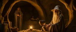 Gandalf levitates Jesus in a hobbit hole interior daylight, shot on Hasselblad h6d-400c, zeiss prime lens, bokeh like f/0.8, tilt-shift lens 8k, high detail, smooth render, down-light, unreal engine, prize winning