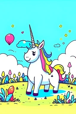 kids illustration, a cute unicorn playing in field, cartoon style, thick line, low details, vivid color