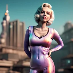 Realistic press image, retro sci-fi, portrait, waist up view, blonde woman, sweet Marylin Monroe face, perfect iris, glow eyes. tight latex tights suit. Retro Futuristic city, cars flying. epic style, vibrant color, highly detailed, unreal engine 5, ray tracing, RTX, lumen lighting, ultra detail, volumetric lighting, 3d, finely drawn, high definition, high resolution.