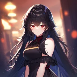 Clear focus, high resolution, black long fluffy hair, red eyes, wearing a cute outfit