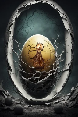 a haunting image of an embryonic human emerging from a cracked egg