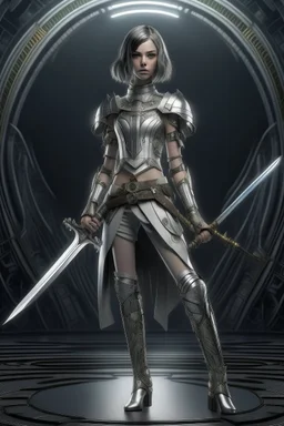 full body picture of a skinny woman with a bob, in silver armour, holding a curved sword, futuristic steampunk background