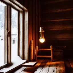 Hütte interior, snow outside, Austrian aesthetic, oil lamp, wooden floor, night, 8k, HD, cinematography, photorealistic, Cinematic, Color Grading, Ultra-Wide Angle, Depth of Field, hyper-detailed, beautifully color-coded, insane details, intricate details, beautifully color graded, Cinematic, Color Grading, Editorial Photography, Depth of Field, DOF, White Balance, 32k, Super-Resolution, Megapixel, ProPhoto RGB, VR