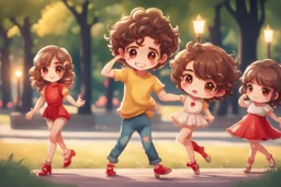 a cute chibi spanish man with short curly brown hair cropped at the back in yellow T-shirt and jeans with a cute chibi contented girl with long brown hair and brown eyes in a red elegant jumpsuit and red high heels, and a chibi girl with blonde brown hair in a beige dress dancing dynamically in Madrid in the Retino park, in candlelight, ethereal, cinematic postprocessing, airplane in the sky