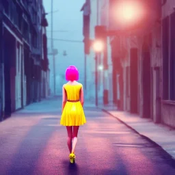 Beautiful lonely girl who walks along a street without people at dawn. You see her from behind. She wears very short yellow dress. She has short pink hair with glowing crystals. Full body, 8k resolution concept art. Professional Photo HD. Stylish. Warm vivid colors. Panoramic