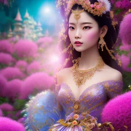 bright fairy, beautiful portrait of asiatique beautiful girl, flowery a magical crystal flower lys bougainvillier, blue gold house indian palace castle in the woods, magnolias pink,blue lake,sun,white swanns,pink vertical, blue lake,sharp, vines, candlelit, endor, ornate, elegant, highly detailed, artstation, concept art, smooth, sharp focus, illustration, 8k, splash art, wallpaper, key visual