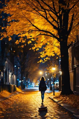 night yellow lights over the street trees autumn leaves under feet ,a Student adult girl with books in her hand walking in street turned back to talk to a boy walks after her few meters away her back