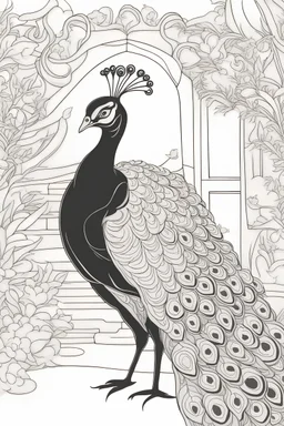 baby colouring book, Lovely peacock, black and white line art,cartoon style, thick lines, few details, no shading