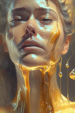 transparent Liquid honey dripping from woman face, photorealistic beautiful woman, light hair, full body, cover, hyperdetailed painting, luminism, Bar lighting, complex, 4k resolution concept art portrait by Greg Rutkowski, Artgerm, WLOP, Alphonse Mucha,