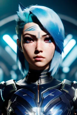 Cyborg anime warrior, light blue hair,, waist up portrait, 8k resolution, intricate details, ornate details, soft lighting, vibrant colors, retroanime, masterpiece, intricate eyeliner, dark eyeshadow, eyes, intricate tattoos, jungle background,