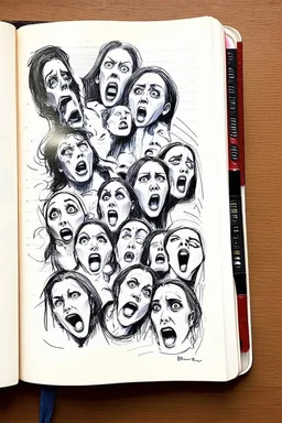 sketch of many faces on a pages, screaming and sad, demented, mad, journal