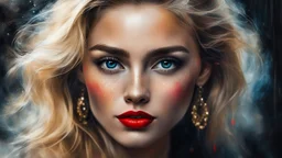 abstract digital art, impressionism, blurred look and feel, byzantine alcohol oil painting of a stunning woman with blonde hair and red lips, earrings, freckles, Disney noir style, masterpiece, 32k resolution, hyper detail, fine details, airbrush strokes, foggy feel and view, on canvas, magic, 8k concept art, dark lighting, hyper detail, intricate detail